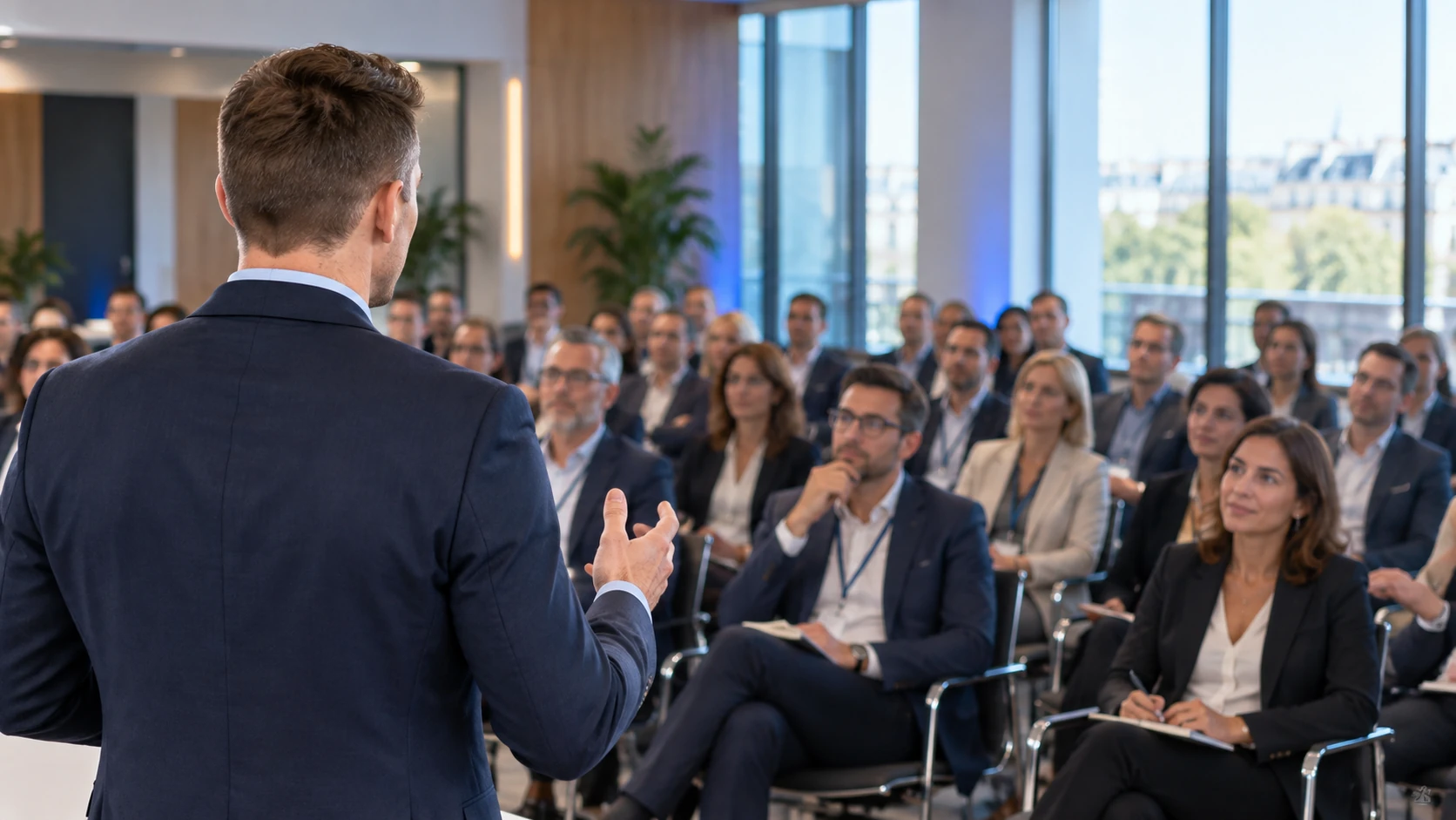 Mise en scène d’Aurélien de dos, animant une conférence devant des professionnels